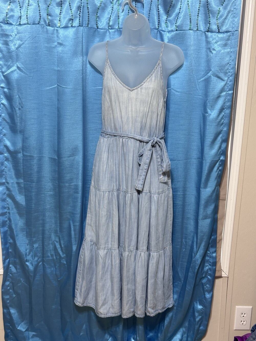 Anthropologie Cloth&Stone chambray Blue tiered maxi Spaghetti dress S